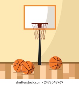Basketball court with basketballs on the parquet. Vector illustration.