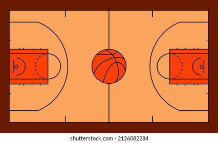 Basketball court with black line marking. Ball for play. Realistic playground top view. Flat vector illustration on orange background.