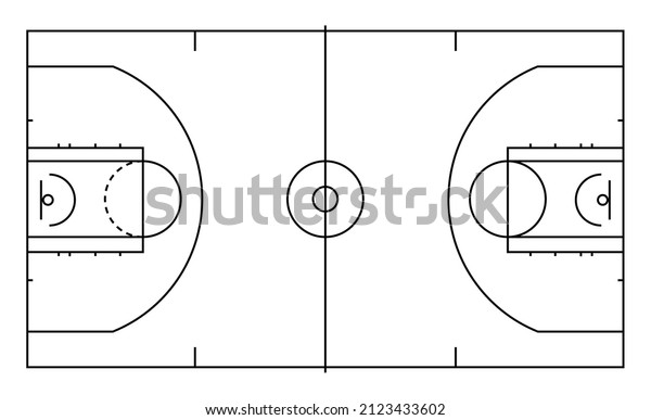 Basketball court with black line marking.\
Realistic playground top view with floor. Flat vector illustration\
on white\
background.