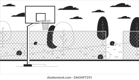 Basketball court black and white line illustration. Team ball game. Urban sportsground with equipment 2D landscape monochrome background. City park with sports field outline scene vector image