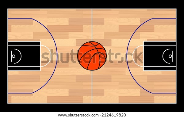 Basketball court with black and white lines\
marking. Wooden parquet. Ball for play. Realistic playground top\
view with hardwood material floor. Flat vector illustration on\
vintage plank\
background.