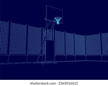 Basketball court with a blue background and a basketball hoop. The hoop is empty