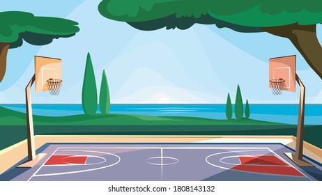 Basketball court by the sea. Outdoor sports ground.