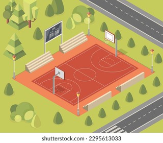 Basketball court concept. Rubber coating with markings and rings for team sports. Territory of school or university. Street stadium with field and tribunes. Cartoon isometric vector illustration