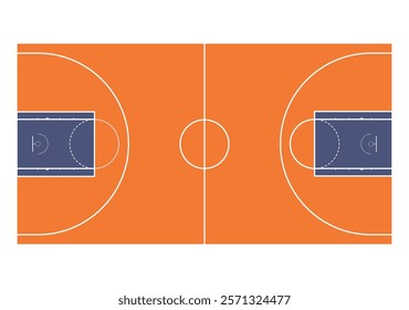 Basketball court flat, play field for game with ball, sport arena with hoop, team match, layout outline floor, competition stadium graphic, activity training zone, vector illustration