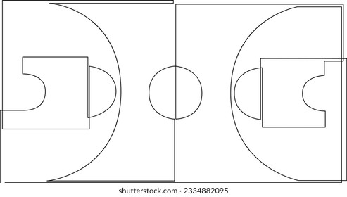 Basketball court floor continuous single line drawing. Basketball field drawn by one line. Vector illustration.