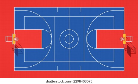 Piso de cancha de baloncesto con línea sobre fondo de textura roja. Ilustración vectorial.

