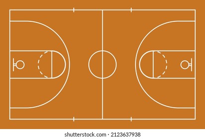 Basketball court. Basketball court floor with white lines. Mockup of basket ball field. Texture for sport gym. Top view of parquet for game. Vector.