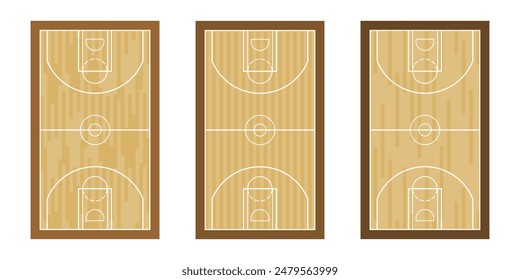 Basketball court floor with with wood texture floors set. Basket ball field playground stadium layout vector illustration isolated on white background.