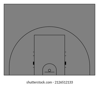 Basketball court for game 3 x 3, black line marking. Realistic playground top view. Flat vector illustration on gray background.