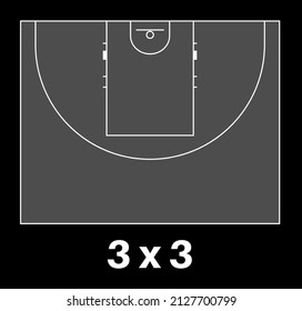 Basketball court for game 3 x 3, wnite line marking. Realistic playground top view. Flat vector illustration on gray background.