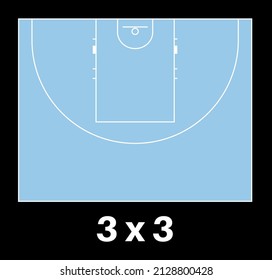 Basketball court for game 3 x 3, wnite line marking. Realistic playground top view. Flat vector illustration on blue background.