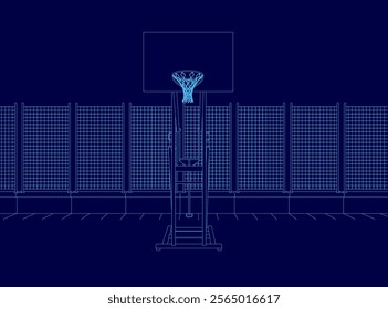 Basketball court with a basketball in the hoop. The court is empty