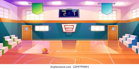 Basketballplatz mit Hoop. Leer Saal für Sportunterricht, Turniere und Spiele. Sportanlage mit Fächerständer und Holzfußboden für Schulen oder Universitäten. Cartoon-Flavektor-Vektorgrafik