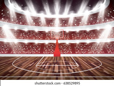 Basketball Court with Hoop and Spotlights. Vector Illustration.