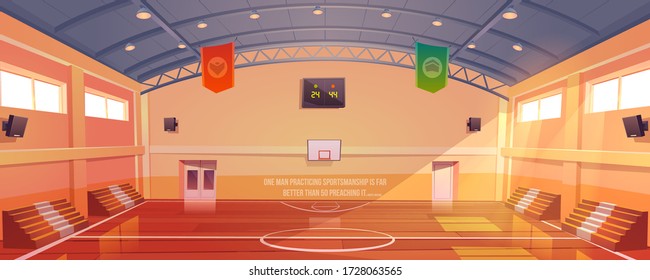 Basketball court with hoop, tribune and scoreboard. Vector cartoon illustration of empty school gym, sport ground with wooden floor, fan seats for game tournament and competition
