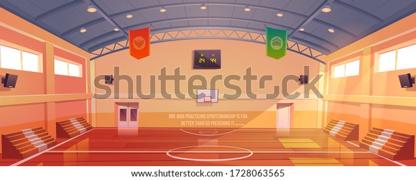 Basketball\
court with hoop, tribune and scoreboard. Vector cartoon\
illustration of empty school gym, sport ground with wooden floor,\
fan seats for game tournament and\
competition
