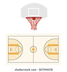 Basketball court and hoop vector set, basketball field, basketball floor, sport equipment