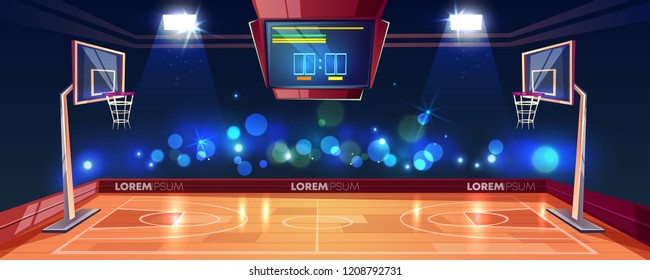 Basketball court illuminated with stadium lights, scoreboard and cameras flashlight in fan sector cartoon vector illustration. Modern arena for sports games. Basketball championship or tournament
