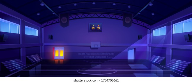 Basketball Court Interior At Night, Dark Sports Arena Or Hall For Team Games With Hoop, Scoreboard And Empty Fan Sector Seats. Indoor Stadium Illuminated With Moonlight, Cartoon Vector Illustration