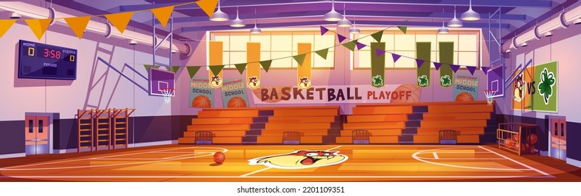 Basketball court interior, school sports arena or hall for playoff team game with hoop, ball, mascot on wooden floor, scoreboard and empty fan sector seats. Indoor stadium Cartoon vector illustration