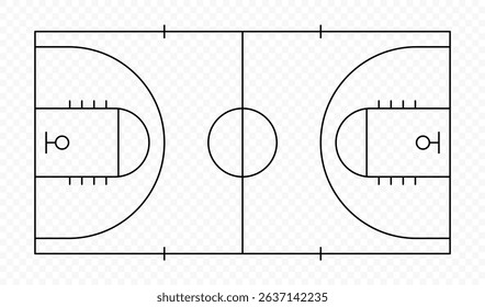 Basketball court with markings. Basketball playground markings with lines on a transparent background. Basketball court in top view. Vector