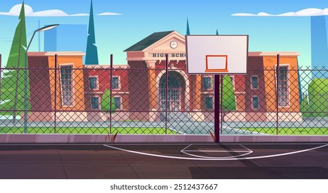 Basketball court on street outside school cartoon background. Basket ball playground area in cite near university building. Sport stadium for outdoor game illustration. Education environment scene