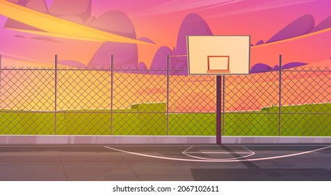 Basketball Court, Outdoor Sports Arena Field For Team Game With Hoop And Markup Lines On Ground, Stadium Area Illuminated With Sunlight On Beautiful Sunset Summer Landscape Cartoon Vector Illustration