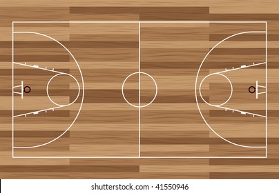 basketball court outline with wooden floor of gymnasium