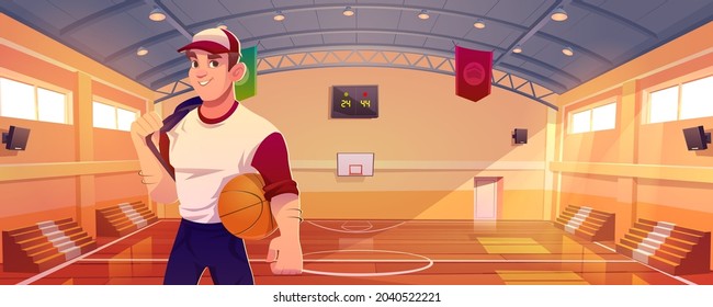 Basketball court with player, tribune, basket and scoreboard on wall. Vector cartoon illustration of man with ball, professional sportsman in gym with sport ground and hoop