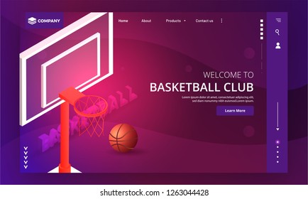 Basketball court with realistic ball on glossy cool background. Responsive hero banner design for mobile app or website.