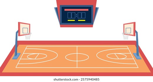 Basketball court with a scoreboard on white background. Side view of a gymnasium in flat design vector illustration.