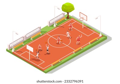 Basketball court with seven sportsmen playing game, throwing ball in ring, trying dunking, jump shot. Orange cover, white markup, benches. Concept of friendly training. Isometric vector illustration