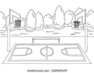 Basketballfeld-Sportgrafik, schwarz-weißer Landschaftsskizze, Vektorgrafik 