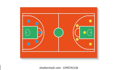 Basketball court with a tactical scheme of the arrangement of players of two basket teams on the playground, plan of a game diagram for a fantasy league coach board