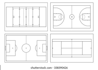 Basketball Court. Tennis Court. American Football Field. Sport Set. Soccer Field. Football Stadium Top View. Vector Illustration.