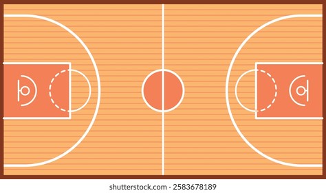 Basketball court top view. Empty wooden field and markings lines, sport competition and tournament, championship stadium above. Game area. Outdoor concrete. Flat isolated vector concept