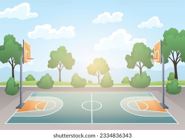 Basketball court. Urban concept landscape with playground, athletic field with backboard, basket and ring. Background with green trees, vector illustration