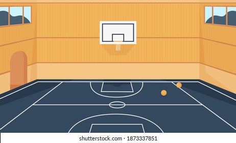 Basketball court vector illustration. Cartoon 3d empty indoor stadium, gym sport arena or hall playground for sportive team games with balls on floor and basket hoop in central zone background