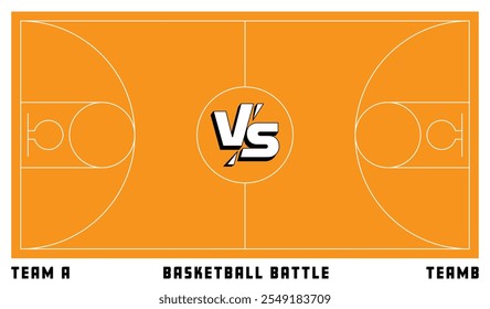 Basketball court with a VS sign on central. Concept of sport match between two teams, Team A and Team B. Can be used for sports graphics, posters, or event promotions. Vector illustration