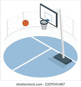 Basketball court where the blue. 3d Vector Basketball Ball with Hoop and backboard, Sport and Game competition concept. Basketball court. A basketball ball lies on the ground. 1950