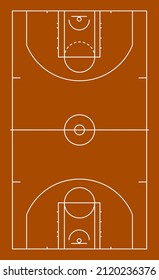 Basketball court with white line marking. Realistic playground top view with hardwood floor. Flat vector illustration on orange background.