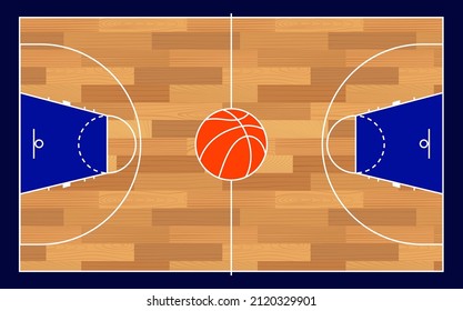 Basketball court with white line marking. Wooden parquet. Ball for play. Realistic playground top view with hardwood material floor. Flat vector illustration on vintage plank background.