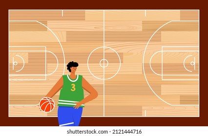 Basketball court with white line marking. Wooden parquet with player, kid or adult man. Ball for play. Realistic playground top view with hardwood material floor. Flat vector illustration