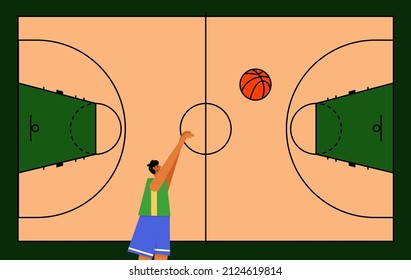 Basketball court with white line marking. Wooden parquet with player, kid or adult man. Ball for play. Realistic playground top view on orange background. Flat vector illustration