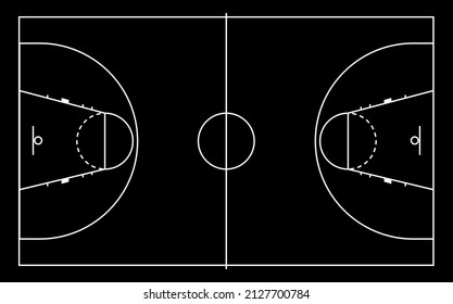 Basketballfeld mit weißer Linienmarkierung. Realistischer Spielplatz Draufsicht mit Parkettboden. Flache Vektorgrafik auf schwarzem Hintergrund.