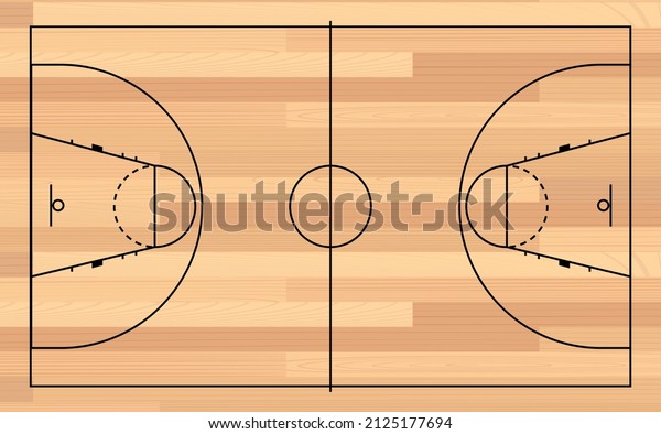 Basketball court with white\
line marking. Wooden parquet. Realistic playground top view with\
hardwood material floor. Flat vector illustration on vintage plank\
background.