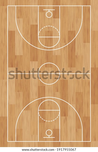 Basketball court. Wooden floor. background painted with\
line and basket. Basketball field. Sport play. Overhead view.\
Texture with wood pattern. Playground top plan. Vertical wooden\
board. Vector 