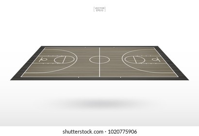 Basketball court with wooden floor texture and white line of court pattern. Perspective view of basketball field for background. Vector illustration.