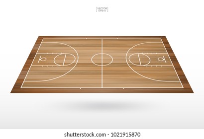 Basketball court with wooden floor texture and white line of court pattern. Perspective view of basketball field for background. Vector illustration.